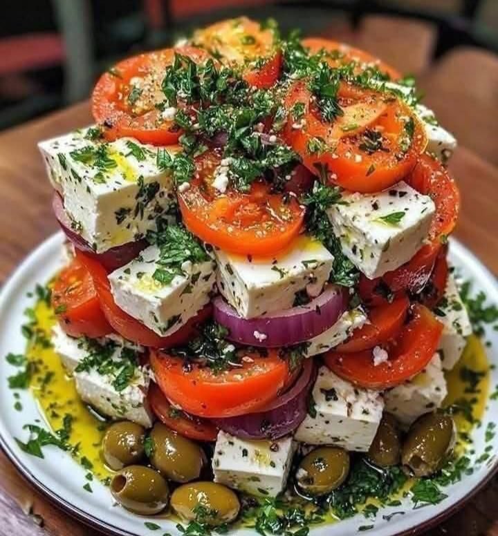 Greek Salad Stack with Feta and Olives